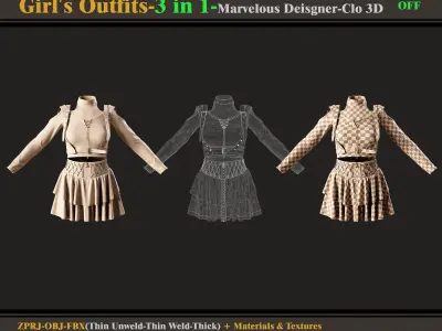 3 in 1 Girls Outfits-Models-Materials-Textures 3D model