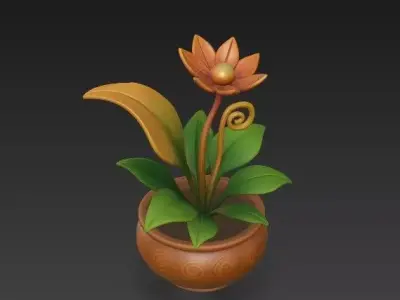 Stylized gOLD Fantasy Plant - Flower in Ornate Terra Cotta Pot 3D model