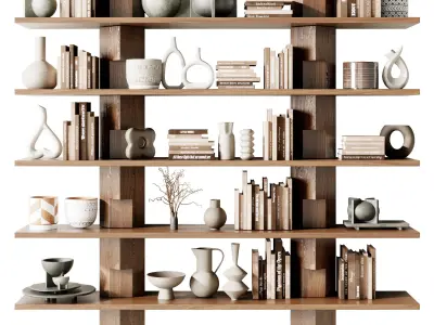 Wooden Shelves Decorative With Plants and Book - Wooden Rack 28 3D model