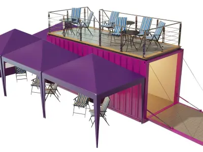 Mobile-shipping-container-restaurant tent with tables and chairs 3D model