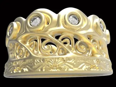 engraved gemstone crown ring 3 3D print model