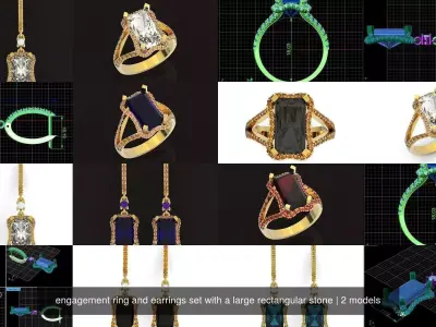  engagement ring and earrings set with a large  radiant  stone 3D Model Pack