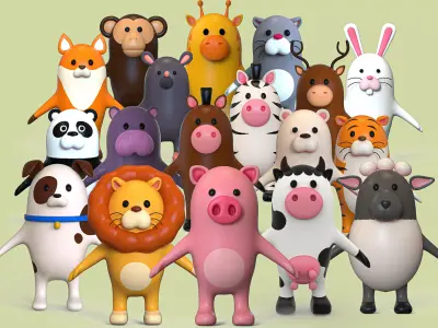 cartoon animals pack rigged Low-poly 3D model