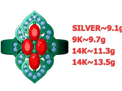Quad Oval Ruby Diamond Halo Ring 3D print model