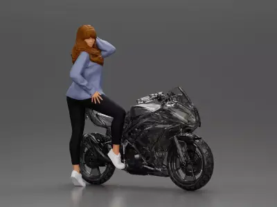 woman in shirt long hair posing with foot resting on motorcycle 3D print model