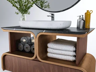 Bathroom-X bathroom vanity with round mirror above it Free low-poly 3D model