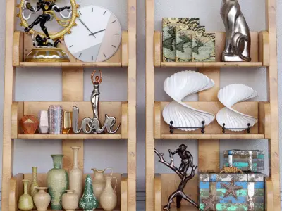 Set-170 wooden ladder shelf with clock and vases 3D model