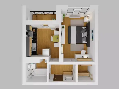 Small 1-bedroom apartment floor plan with balcony Free 3D model