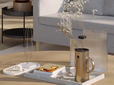 Coffee set 13 - tray pot cup books figurine bouquet pot  3D model