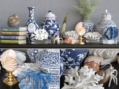 Marine collection vases on shelf 3D model