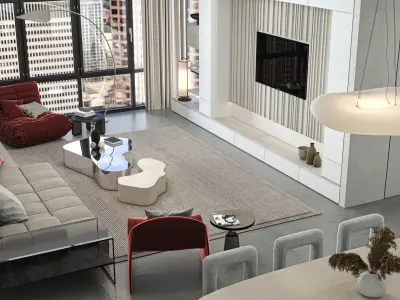 modern Living Room and Kitchen Scene for Cinema 4D 3D model  Low-poly 3D model