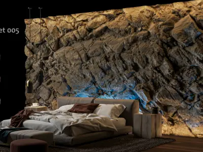 Black Rock Bedroom interior scene Rock Wall Set 005 3D model