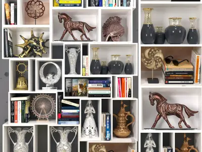 Shelf collection bookcase filled with books and statues 3D model