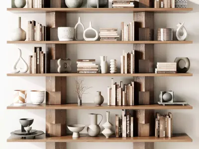Wooden Shelves Decorative With Plants and Book - Wooden Rack 28 3D model