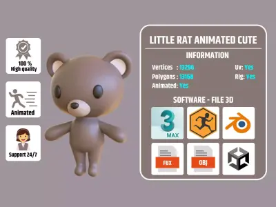 Little Rat Animated Cute 3D Models For Games And Animations Low-poly 3D model