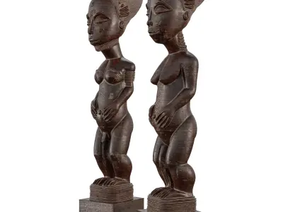 Wooden Tribal Couple Statue Set - African-Inspired Art 3D model