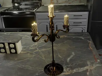 Three prong candelabra  animated flame and light 3D model