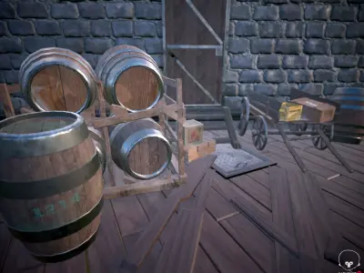 Medieval Barrels and boxes scene Free low-poly 3D model