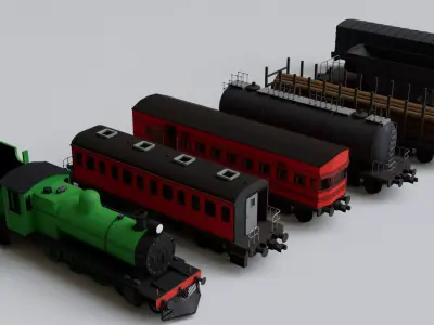 Vintage Steam Train Engine Station with Interior Low-poly 3D model