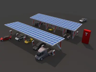 Cartoon Low Poly Tesla Electric Charger Station Cars Pack Low-poly 3D model