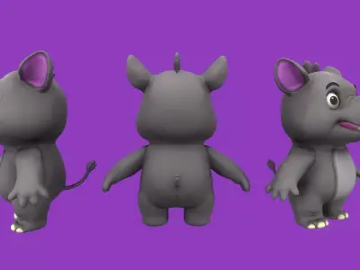Rigged Grey Cute Playful Rhino Low-poly 3D model