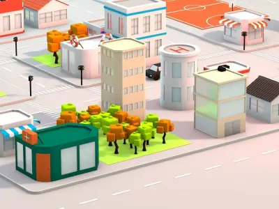 Low Poly City with buildings and trees Low-poly 3D model