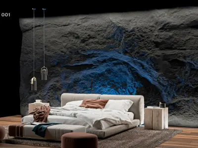 Black Rock Bedroom interior scene Rock Wall Set 001 3D model