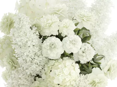 Realistic Bouquet White Flowers Lilac Hydrangea peony vase glass 3D model