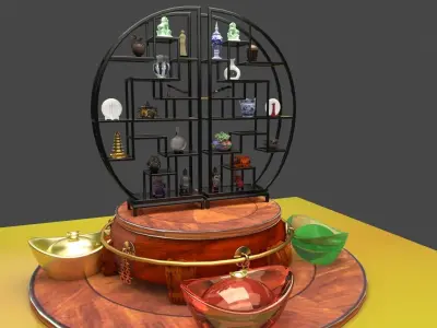 Chinese shelf with yuanbao and decorative sculpture 3D model