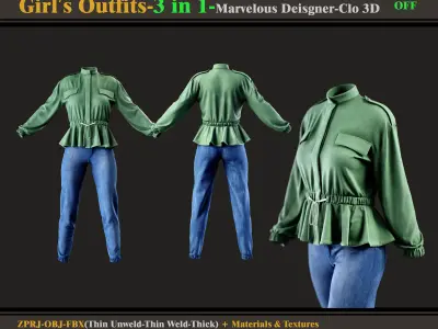 3 in 1 Girls Outfits- MD-Clo3d -OBJ - FBX -Materials-Textures  3D model