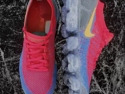 NIKE AIR VAPORMAX FLYKNIT 3D SHOES MAROON BLUE AND GOLD 3D model