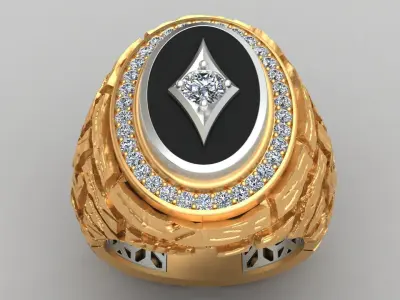 Stone Rock Wall Style Diamond Gold Man Signet Ring 3D print model