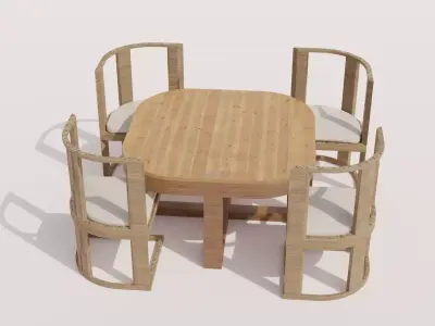 Wooden Dining Table and Chairs Set 3D model 3D model