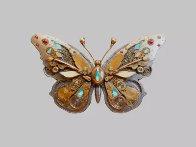 Magical Steampunk Flying Moth with Crystals Low-poly 3D model