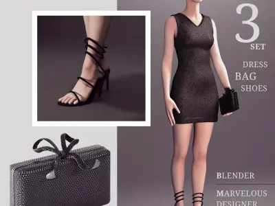 Elegant Night Outfit Dress Handbag and Heels PBR Set Low-poly 3D model