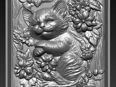 Sleeping Kitten and Flowers A70 3D print model