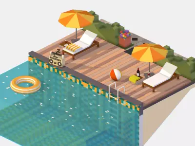 Relax pool on the sun loungers Low-poly 3D model