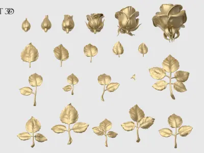 Rose Buds And Leaves Set 3D print model