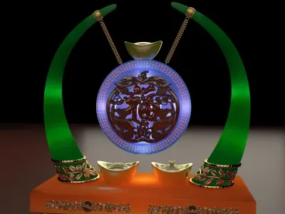  Chinese gold Ingot with fu and dragon carving pattern    3D model