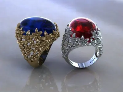 plumeria ring with cobochon gem 3D print model