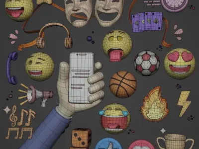 Cartoon Icon Pack - Emoji Smiley Music Hand Smartphone Game Ball Low-poly 3D model