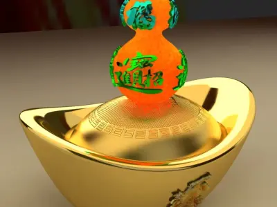 Chinese gold ingot with Gourd 3D model