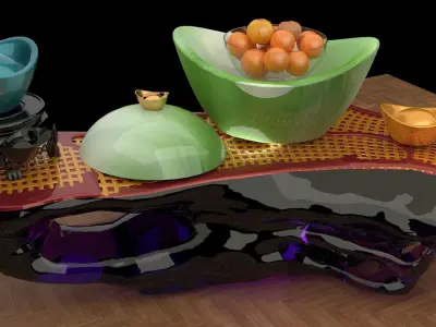 Chinese gold Ingot and orange 3D model