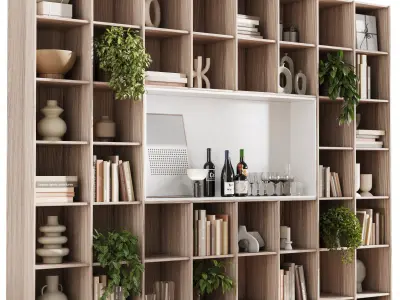 wooden Shelves Decorative With Plants and Book - Wooden Rack 11 Low-poly 3D model