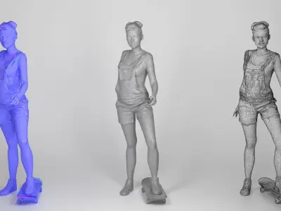 Young girl in short denim overalls on a skateboard 211 Low-poly 3D model
