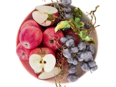 bowl of the red apples and black grapes fruits 3D model