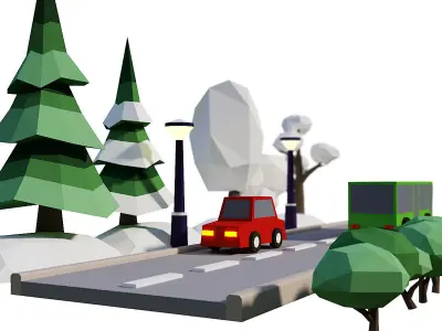 Street Set Lowpoly 3d model bus driving on road with trees Low-poly 3D model