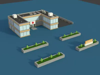 Low Poly Hosptial 2 hospital building with plants and trees Low-poly 3D model