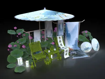 Chinese Style Beauty Chen Lotus Calligraphy Umbrella  3D model