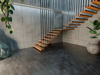 Concrete Interior Equipped - Modern Minimalist Hall Low-poly 3D model